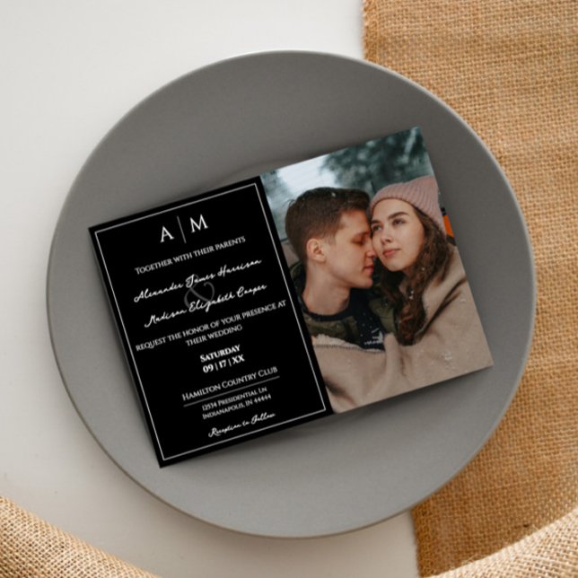 Simple Photo and Monogram Black Wedding Invitation (Black Simple Photo and Monogram Wedding Invitation)