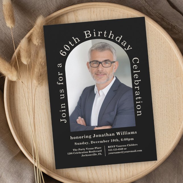 Simple Photo Arch Black 60th Birthday Party Invitation (Get this trendy birthday invitation as printed invites or popular digital download!)