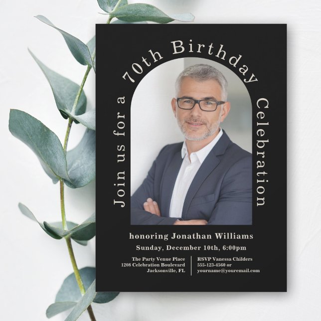 Simple Photo Arch Black 70th Birthday Party Invitation (A stylish sophisticated 70th birthday invitation with arched photo template to personalize.)