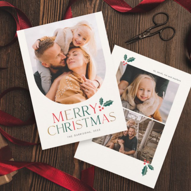 Simple Photo Arch Colourful Merry Christmas Holiday Card (2- Sided Simple Modern Colorful Merry Christmas Arch Photo Holiday Card.)