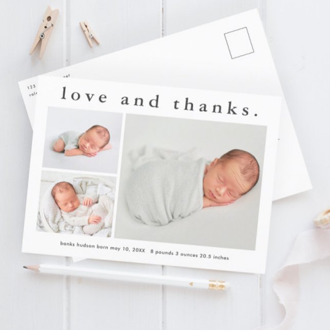 Simple Photo Baby Birth Announcement Thank You Postcard (Simple 3 photo baby announcement thank you postcard.)