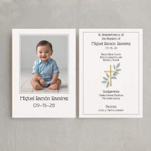 Simple Photo baptism baby boy remembrance card