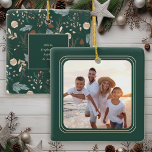 Simple Photo Boho Winter Greenery Christmas Ceramic Ornament<br><div class="desc">This simple family photo Christmas ornament offers space for a square photo against a dark burgundy background. The backside features a boho winter greenery pattern appearing in soft tans and teals on the same dark teal green background and offers custom text for your name and year.</div>
