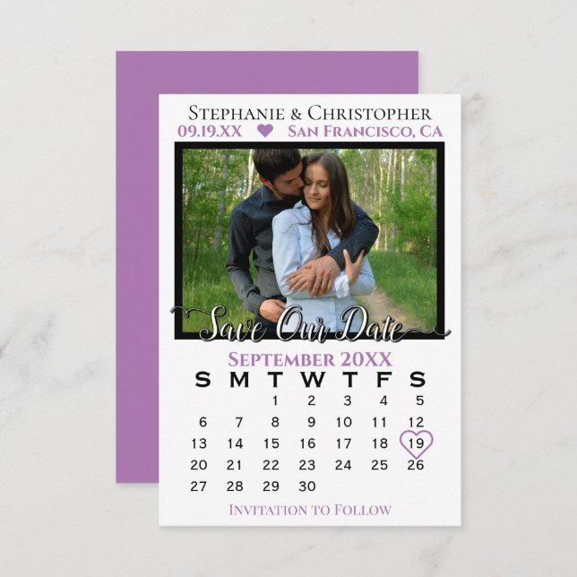 Simple Photo Calendar Purple Wedding Save Our Date Card (Front/Back)