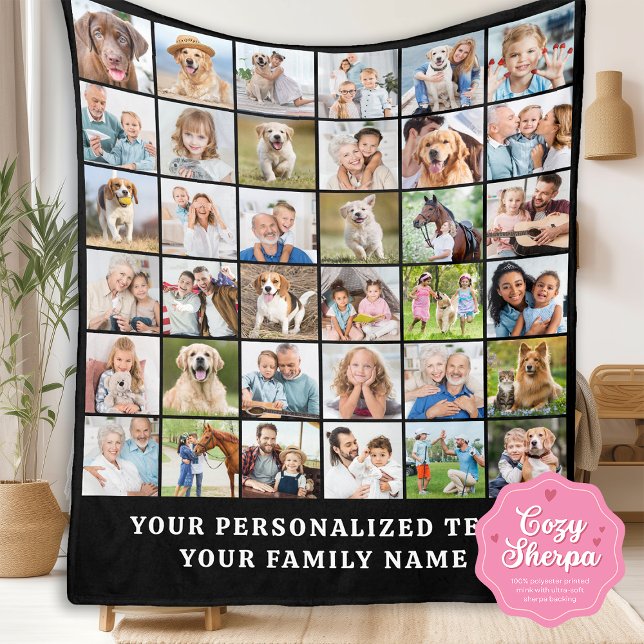 Simple Photo Collage Black Personalized 36 Picture Sherpa Blanket (Creator Uploaded)