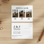 Simple Photo Collage dates Save the Date Postcard<br><div class="desc">Announce your special day with this modern minimalist save the date design featuring an elegant photo collage layout. Showcasing personal couple engagement photos in a three photo wedding collage framed in white, this stylish wedding announcement card blends a rustic botanical wedding theme with botanical accent save the date details. The...</div>