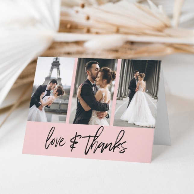 Simple Photo Collage Love Thanks Blush Pink Thank You Card (A simple and elegant way to say thank you with a personal touch by adding three photos on the front.)