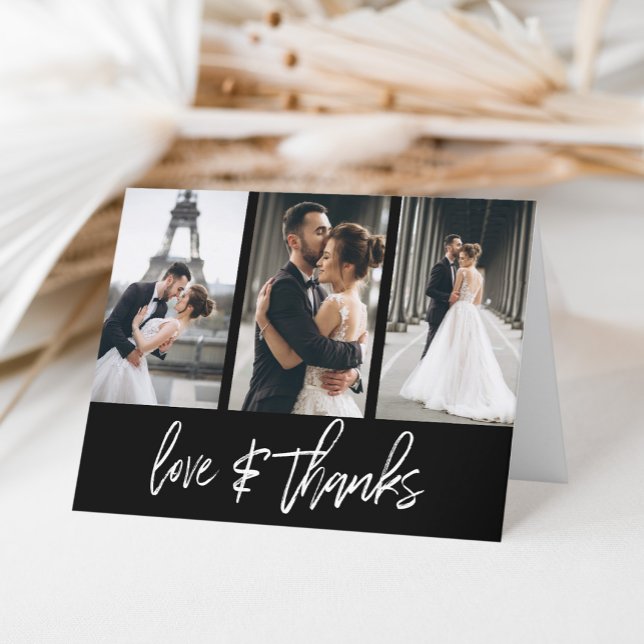 Simple Photo Collage Love Thanks Handwritten Black Thank You Card (A simple and elegant way to say thank you with a personal touch by adding three photos on the front.)