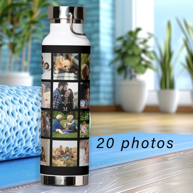 Simple photo collage monogrammed keepsake black water bottle (Creator Uploaded)