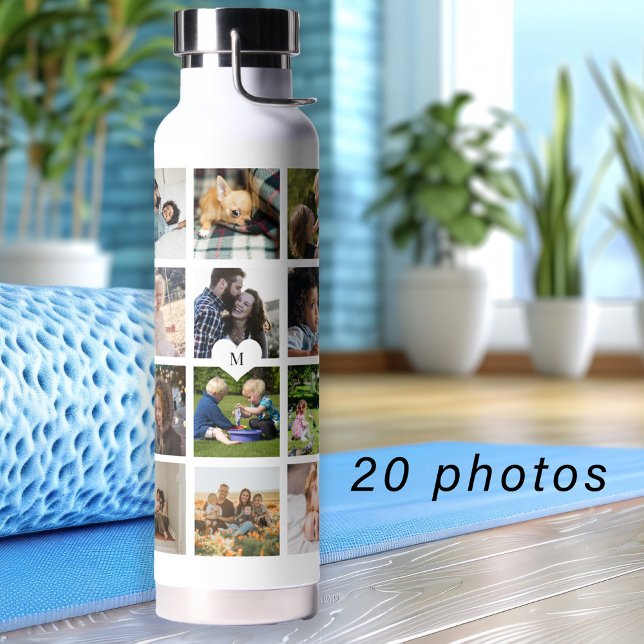 Simple photo collage monogrammed keepsake white water bottle (Creator Uploaded)