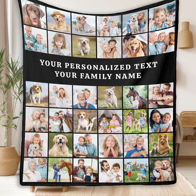 Simple Photo Collage Personalised Black 36 Picture Fleece Blanket (Creator Uploaded)