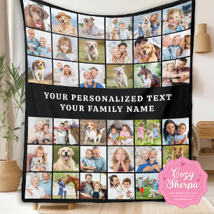 Simple Photo Collage Personalized Black 36 Picture Sherpa Blanket