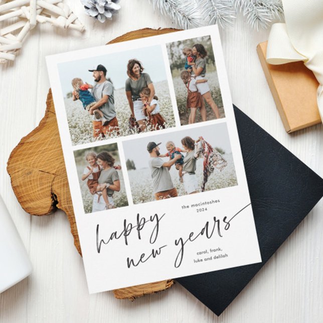 Simple Photo Collage Script Happy New Years Magnet (Simple black and white script happy new years 4 photo collage new years card holiday magnetic card.)
