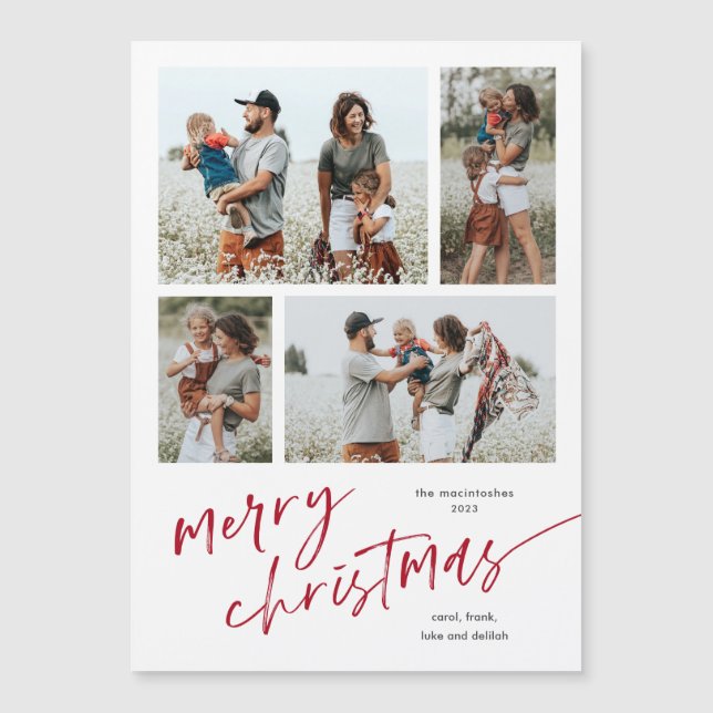 Simple Photo Collage Script Merry Christmas Magnet (Front)