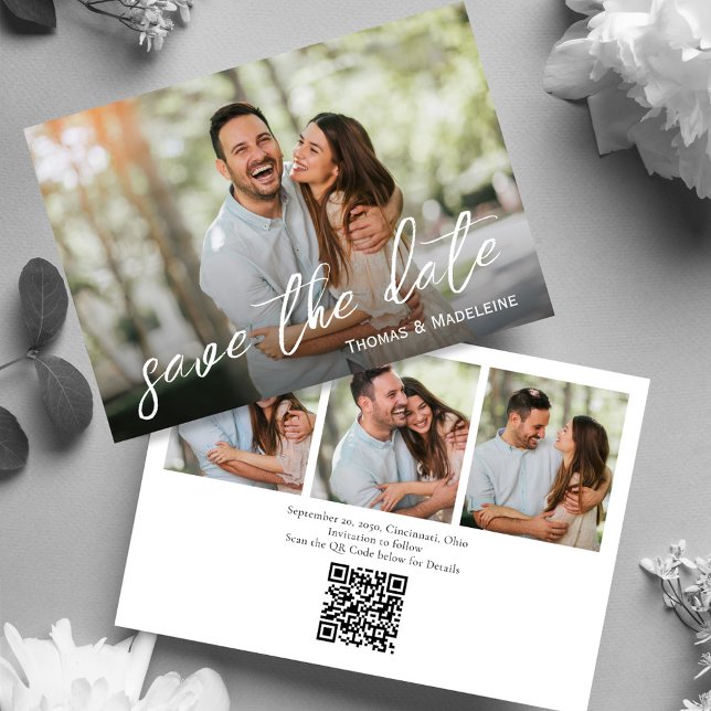 Simple Photo Collage Wedding Save The Date (Simple wedding save the date photo card with a scannable QR code. )