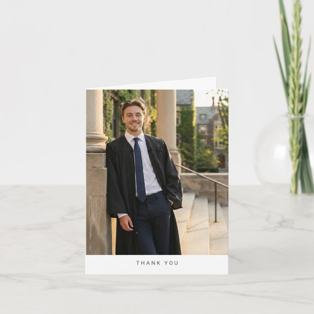 Simple Photo College Graduation Male Folded Modern Thank You Card (Front)