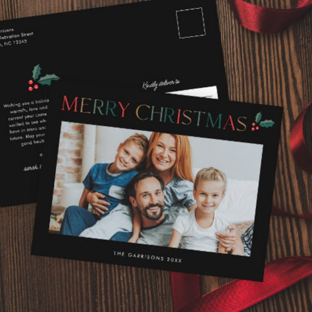 Simple Photo Colourful Merry Christmas Holiday Postcard (Colorful Merry Christmas Photo Holiday Postcard.)