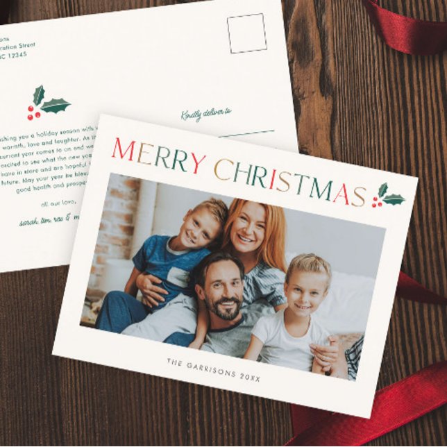 Simple Photo Colourful Merry Christmas Holiday Postcard (Modern colorful merry christmas photo holiday postcard.)