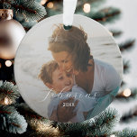 Simple Photo Family Elegant Script Name and Year Ornament<br><div class="desc">Simple Photo Family Elegant Script Name and Year Christmas Ornament</div>