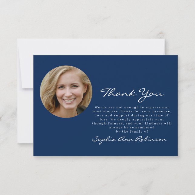 Simple Photo Funeral Memorial Blue Thank You Note (Front)