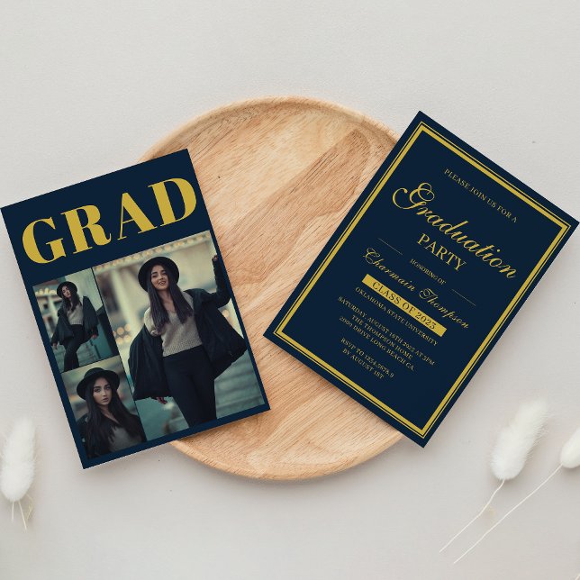 Simple Photo Gold Border | Navy Blue Graduation Invitation (Creator Uploaded)