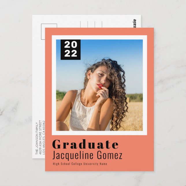 Simple Photo Graduation 2022 Announcement Salmon Postcard (Front/Back)