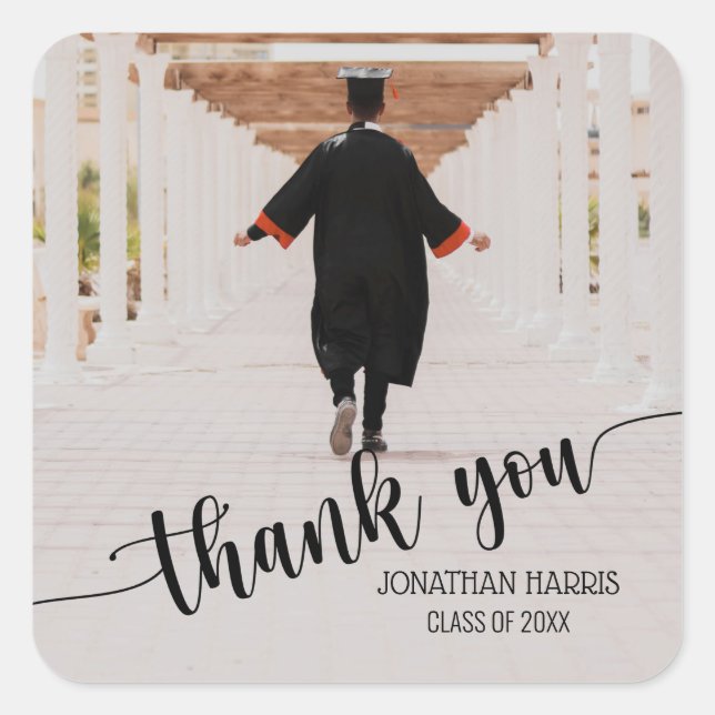 Simple Photo Graduation Elegant Script Thank You Square Sticker (Front)