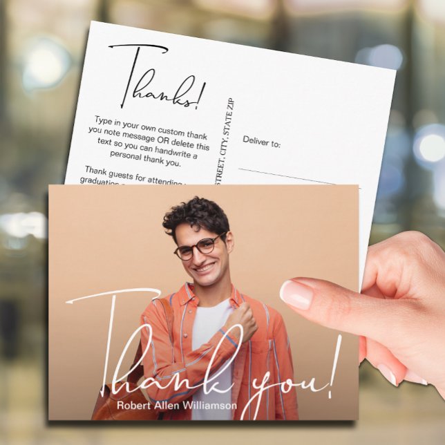 Simple Photo Graduation Thank You Postcard (Your photo on the front of these graduation thank you postcards, your personal message on the back)
