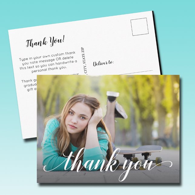 Simple Photo Graduation White Script Thank You Postcard (Simple photo graduation white handwritten script thank you postcards)