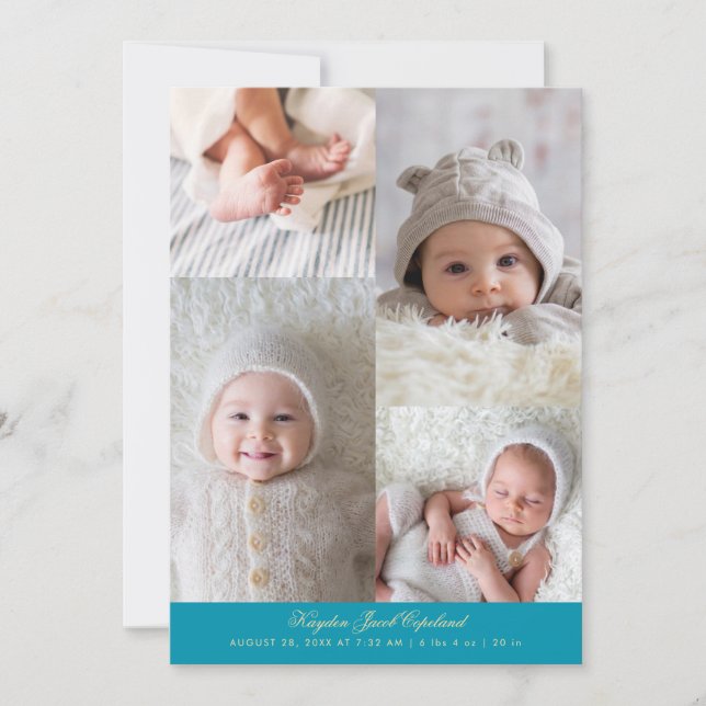 Simple Photo Grid Aqua Blue Birth Announcement (Front)