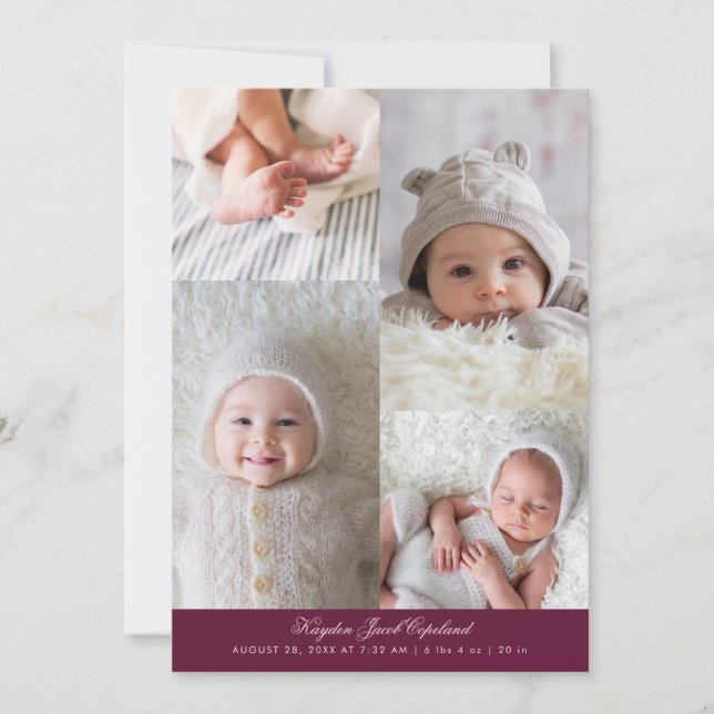 Simple Photo Grid Cranberry Birth Announcement (Front)