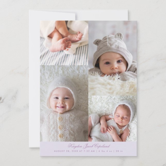 Simple Photo Grid Lilac Birth Announcement (Front)