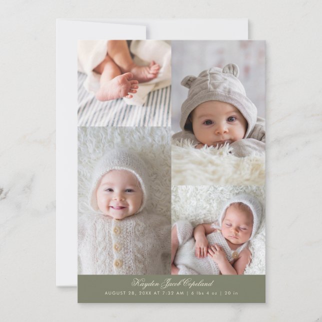 Simple Photo Grid Sage Green Birth Announcement (Front)