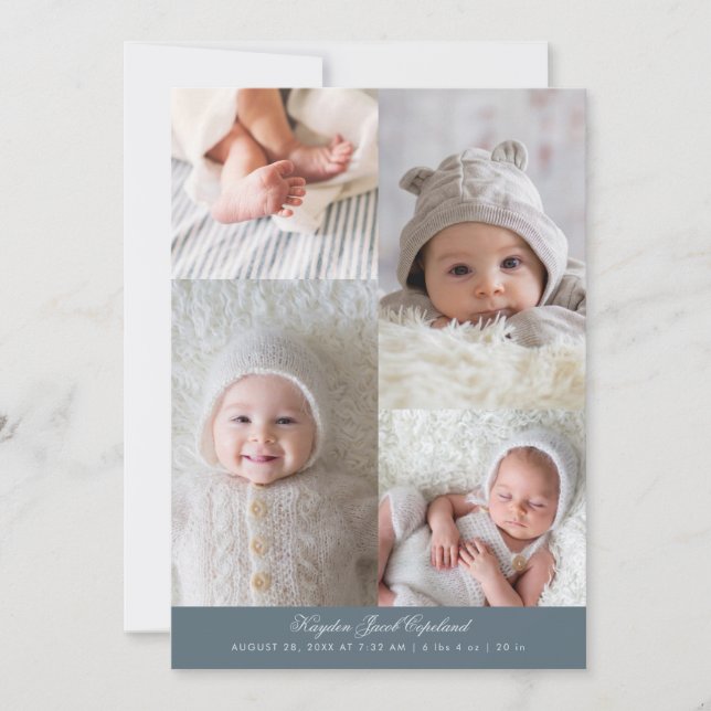 Simple Photo Grid Slate Blue Birth Announcement (Front)