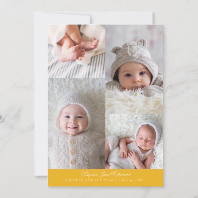 Simple Photo Grid Yellow Birth Announcement (Front)