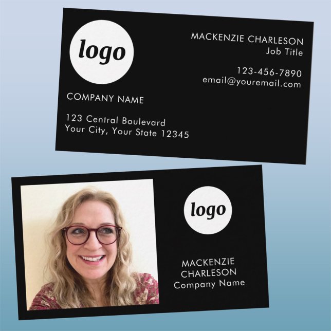 Simple Photo Logo Text QR Code Black Business Card (Simple logo with custom text and QR code business branding promotional photo business card)