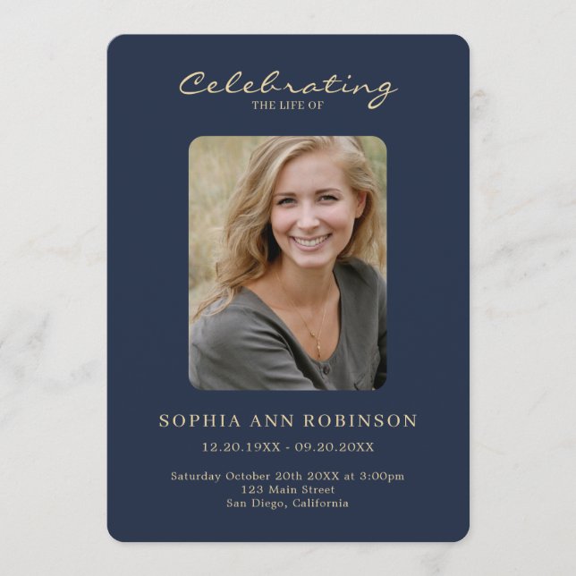 Simple Photo Memorial Blue Gold Order Of Service  Programme (Front)