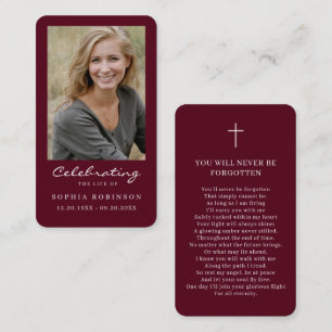 Simple Photo Memorial Burgundy Prayer Card
