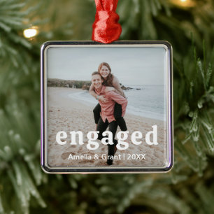 Simple Photo Modern First Christmas Engaged Metal Tree Decoration
