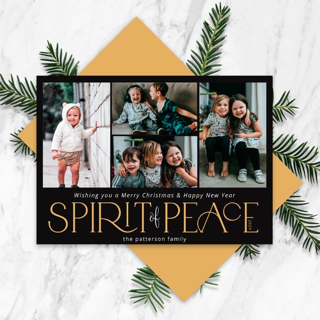 Simple Photo Peace Black Gold Holiday Card (Creator Uploaded)