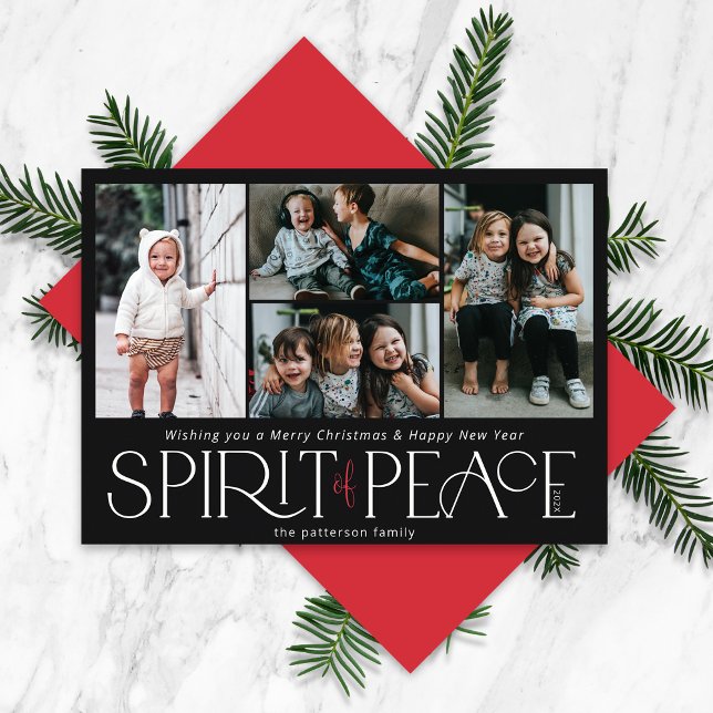 Simple Photo Peace Black Red Holiday Card (Creator Uploaded)