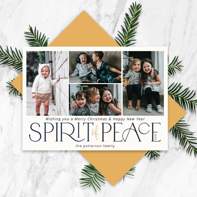 Simple Photo Peace Navy Gold Holiday Card (Creator Uploaded)