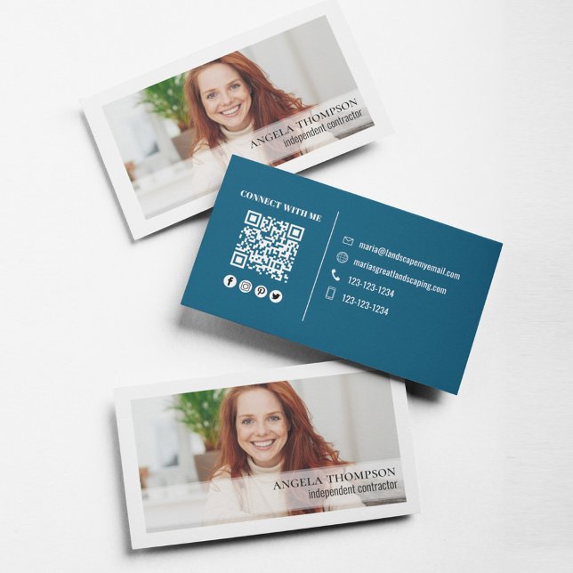 Simple Photo Professional QR Code Blue Business Card (Simple business card with photo and QR Code. )