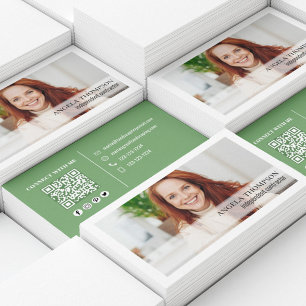 Simple Photo Professional QR Code Green Business Card