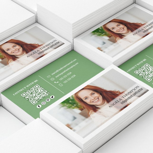 Simple Photo Professional QR Code Green Business Card (Simple business card with photo and QR Code. )