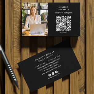 Simple Photo, QR Code & Social Media Black & White Business Card