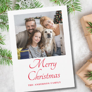 Simple Photo Red Script Christmas  Holiday Card