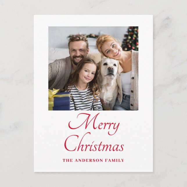 Simple Photo Red Script Christmas  Holiday Postcard (Front)