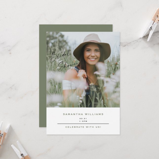 Simple Photo Sage Contemporary Bridal Shower Invitation (Front/Back In Situ)