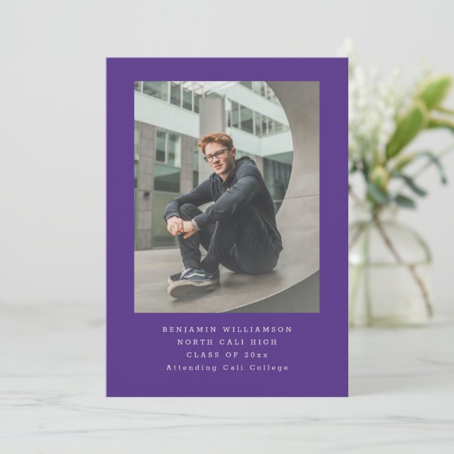 Simple Photo Typewriter Purple Basic Graduation Announcement (Standing Front)